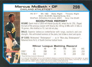 2004 Bowman #298 Marcus McBeth Back