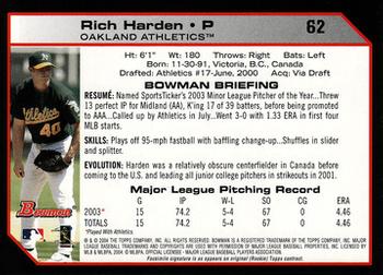 2004 Bowman #62 Rich Harden Back