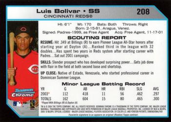 2004 Bowman Chrome #208 Luis Bolivar Back