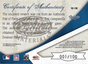 2004 Leaf Certified Materials - Fabric of the Game AL/NL #FG-110 Roy Campanella Back