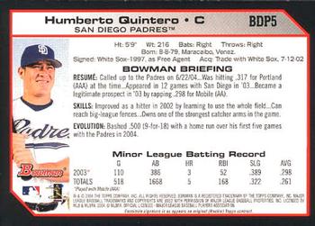 2004 Bowman Draft Picks & Prospects #BDP5 Humberto Quintero Back