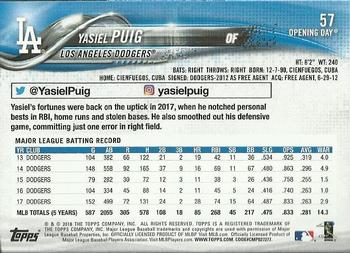 2018 Topps Opening Day - Opening Day Edition Blue Foil #57 Yasiel Puig Back