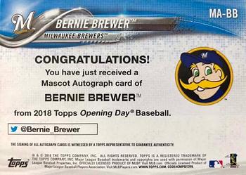 2018 Topps Opening Day - Mascots Autographs #MA-BB Bernie Brewer Back
