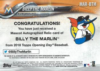 2018 Topps Opening Day - Mascots Relics Autographs #MAR-BTM Billy the Marlin Back