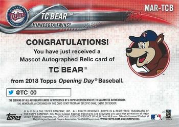 2018 Topps Opening Day - Mascots Relics Autographs #MAR-TCB TC Bear Back