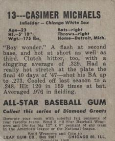 1948-49 Leaf #13 Casimir Michaels Back