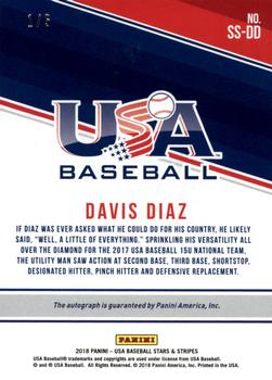 2018 Panini USA Baseball Stars & Stripes - 15U National Team Signatures Green Ink #SS-DD Davis Diaz Back