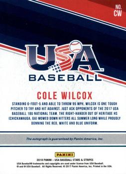 2018 Panini USA Baseball Stars & Stripes - 18U National Team Signatures Black Ink #CW Cole Wilcox Back