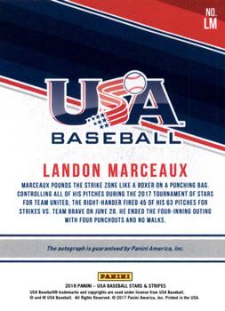 2018 Panini USA Baseball Stars & Stripes - 18U National Team Signatures Black Ink #LM Landon Marceaux Back