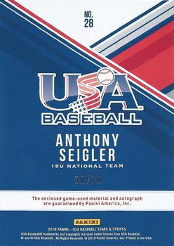 2018 Panini USA Baseball Stars & Stripes - USA BB Silhouettes Black Gold Signatures Jerseys #28 Anthony Seigler Back