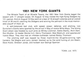 1975 TCMA 1951 New York Giants (Red Names) #NNO Leo Durocher / Willie Mays Back