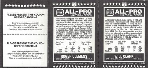 1987 Burger King All-Pro - Panels #3-4 Will Clark / Roger Clemens Back