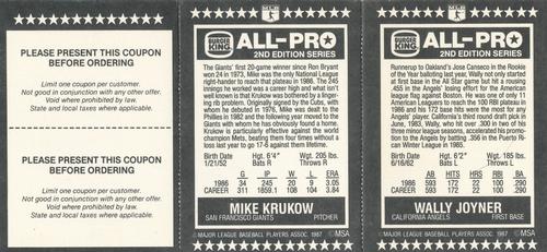 1987 Burger King All-Pro - Panels #11-12 Wally Joyner / Mike Krukow Back