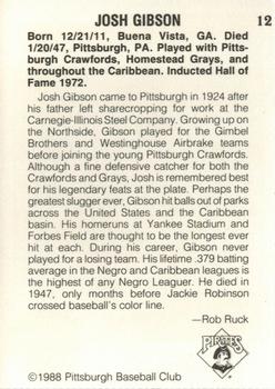 1988 Pittsburgh Negro League Stars #12 Josh Gibson Back
