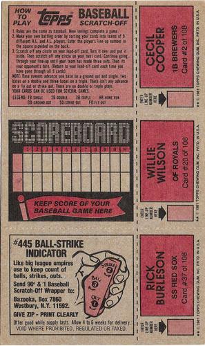 1981 Topps Scratch-Offs - Panels #2 / 20 / 37 Cecil Cooper / Willie Wilson / Rick Burleson Back