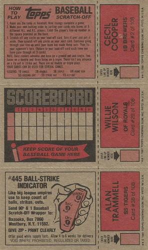 1981 Topps Scratch-Offs - Panels #2 / 20 / 38 Cecil Cooper / Willie Wilson / Alan Trammell Back