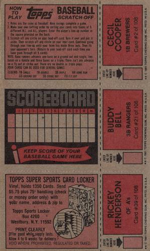 1981 Topps Scratch-Offs - Panels #2 / 21 / 39 Cecil Cooper / Buddy Bell / Rickey Henderson Back