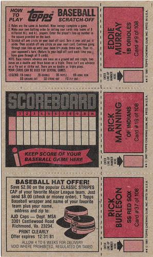 1981 Topps Scratch-Offs - Panels #9 / 19 / 37 Eddie Murray / Rick Manning / Rick Burleson Back