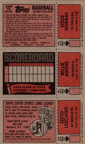 1981 Topps Scratch-Offs - Panels #9 / 27 / 45 Eddie Murray / Willie Aikens / Sixto Lezcano Back