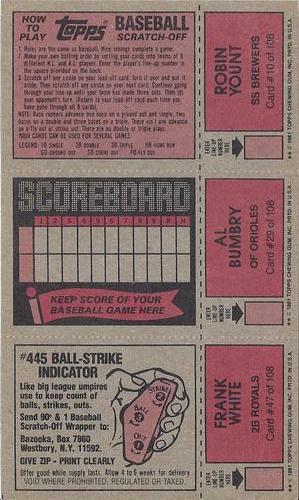 1981 Topps Scratch-Offs - Panels #10 / 29 / 47 Robin Yount / Al Bumbry / Frank White Back