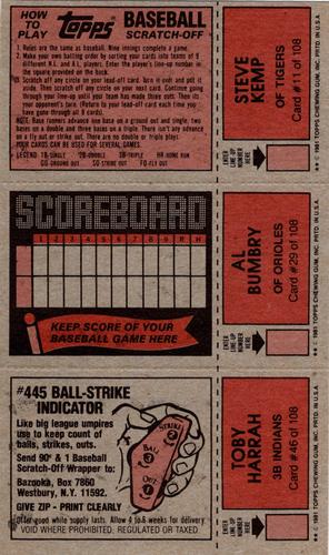 1981 Topps Scratch-Offs - Panels #11 / 29 / 46 Steve Kemp / Al Bumbry / Toby Harrah Back