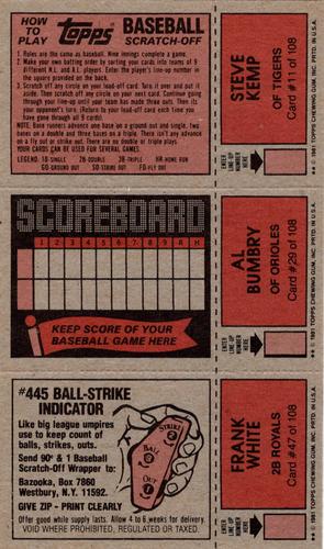 1981 Topps Scratch-Offs - Panels #11 / 29 / 47 Steve Kemp / Al Bumbry / Frank White Back