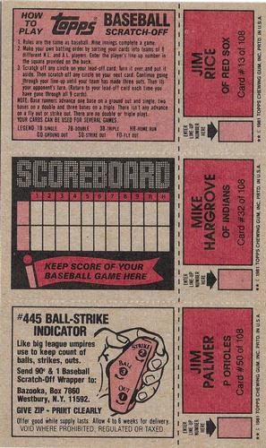 1981 Topps Scratch-Offs - Panels #13 / 32 / 50 Jim Rice / Mike Hargrove / Jim Palmer Back