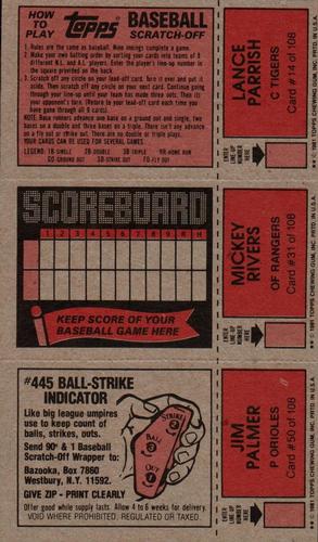 1981 Topps Scratch-Offs - Panels #14 / 31 / 50 Lance Parrish / Mickey Rivers / Jim Palmer Back