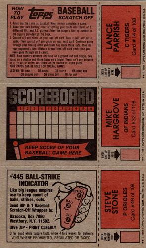 1981 Topps Scratch-Offs - Panels #14 / 32 / 49 Lance Parrish / Mike Hargrove / Steve Stone Back