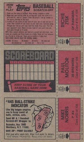1981 Topps Scratch-Offs - Panels #16 / 35 / 53 Richie Zisk / Paul Molitor / Mike Norris Back