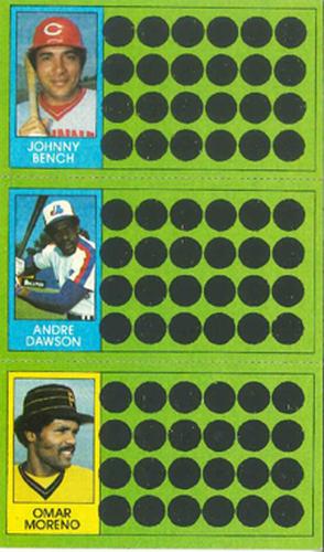 1981 Topps Scratch-Offs - Panels #64 / 90 / 100 Johnny Bench / Andre Dawson / Omar Moreno Front