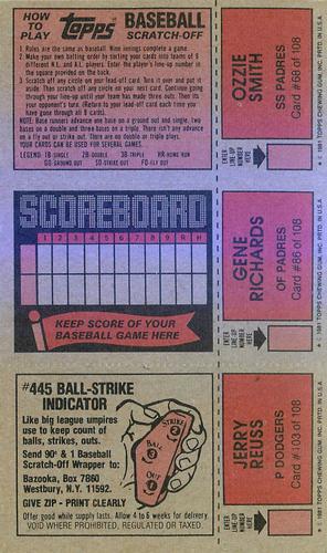1981 Topps Scratch-Offs - Panels #68 / 86 / 103 Ozzie Smith / Gene Richards / Jerry Reuss Back