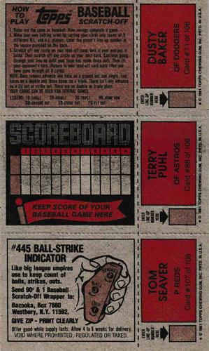 1981 Topps Scratch-Offs - Panels #71 / 88 / 107 Dusty Baker / Terry Puhl / Tom Seaver Back