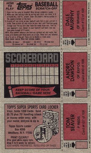 1981 Topps Scratch-Offs - Panels #72 / 90 / 107 Dale Murphy / Andre Dawson / Tom Seaver Back