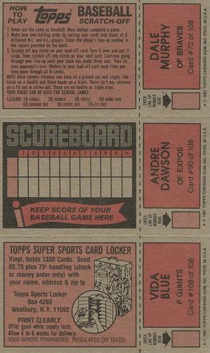 1981 Topps Scratch-Offs - Panels #72 / 90 / 108 Dale Murphy / Andre Dawson / Vida Blue Back