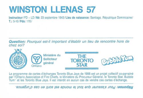 1988 Toronto Blue Jays Fire Safety French #NNO Winston Llenas Back