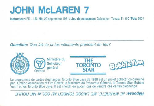 1988 Toronto Blue Jays Fire Safety French #NNO John McLaren Back