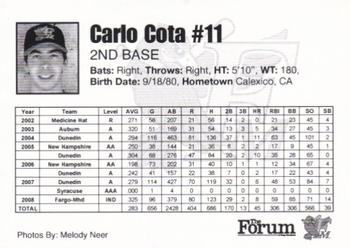 2009 Fargo-Moorhead RedHawks #NNO Carlo Cota Back