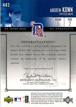 2004 SP Prospects #402 Andrew Kown Back