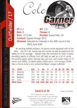 2010 MultiAd Colorado Springs Sky Sox #8 Cole Garner Back