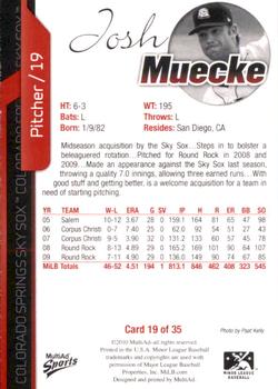 2010 MultiAd Colorado Springs Sky Sox #19 Josh Muecke Back