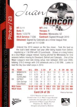 2010 MultiAd Colorado Springs Sky Sox #24 Juan Rincon Back