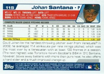 2004 Topps #115 Johan Santana Back