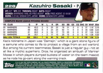 2004 Topps #228 Kazuhiro Sasaki Back