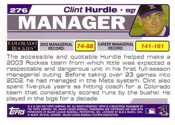 2004 Topps #276 Clint Hurdle Back