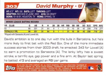 2004 Topps #303 David Murphy Back