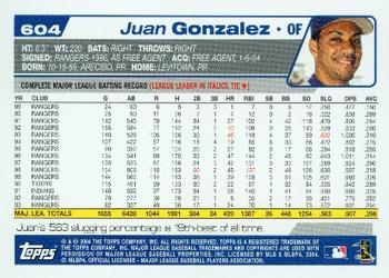2004 Topps #604 Juan Gonzalez Back