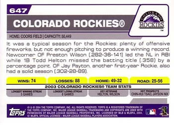 2004 Topps #647 Colorado Rockies Back
