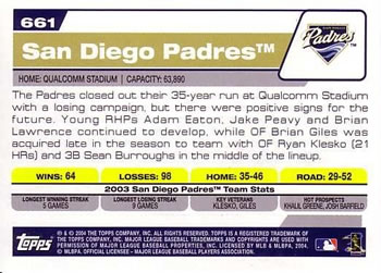 2004 Topps #661 San Diego Padres Back