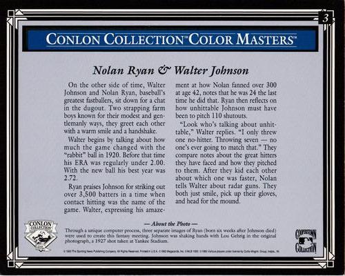 1993 Conlon Collection Color Masters #3 Nolan Ryan / Walter Johnson Back